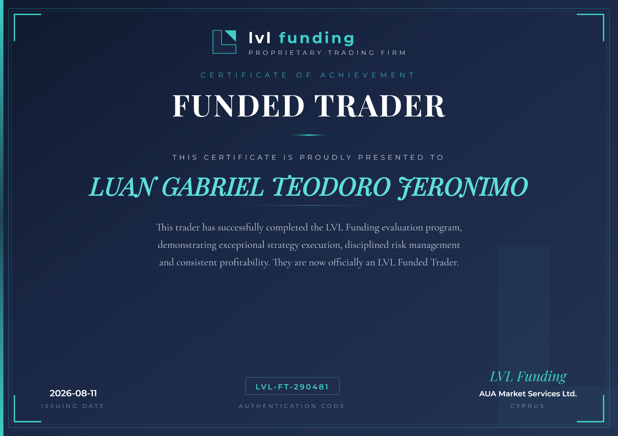Certificado Funded Trader LVL Funding